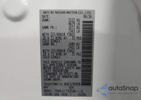 2016 Nissan Rogue Sl from USA, damaged, VIN 5N1AT2MV7GC865999